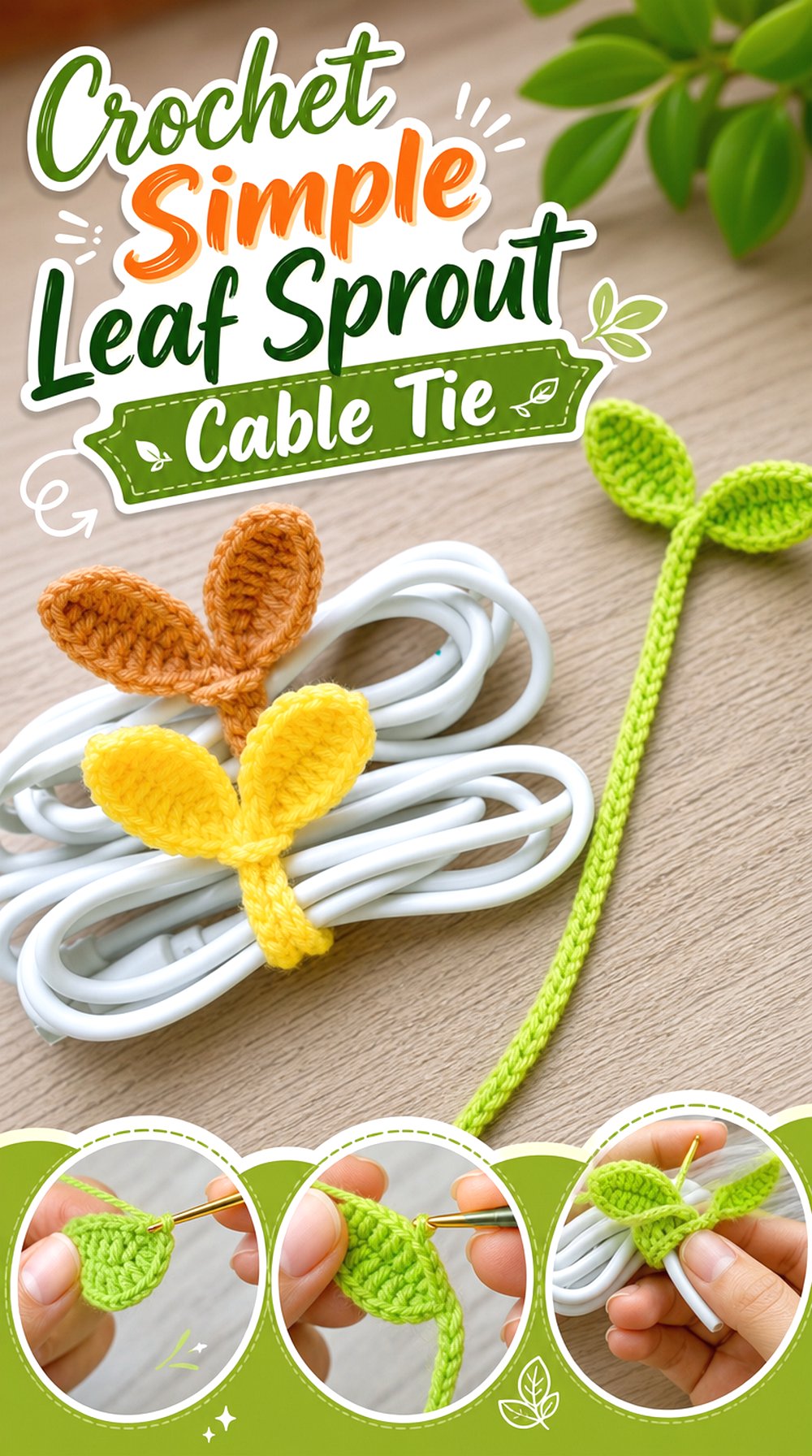Crochet Simple Leaf Sprout Cable Tie