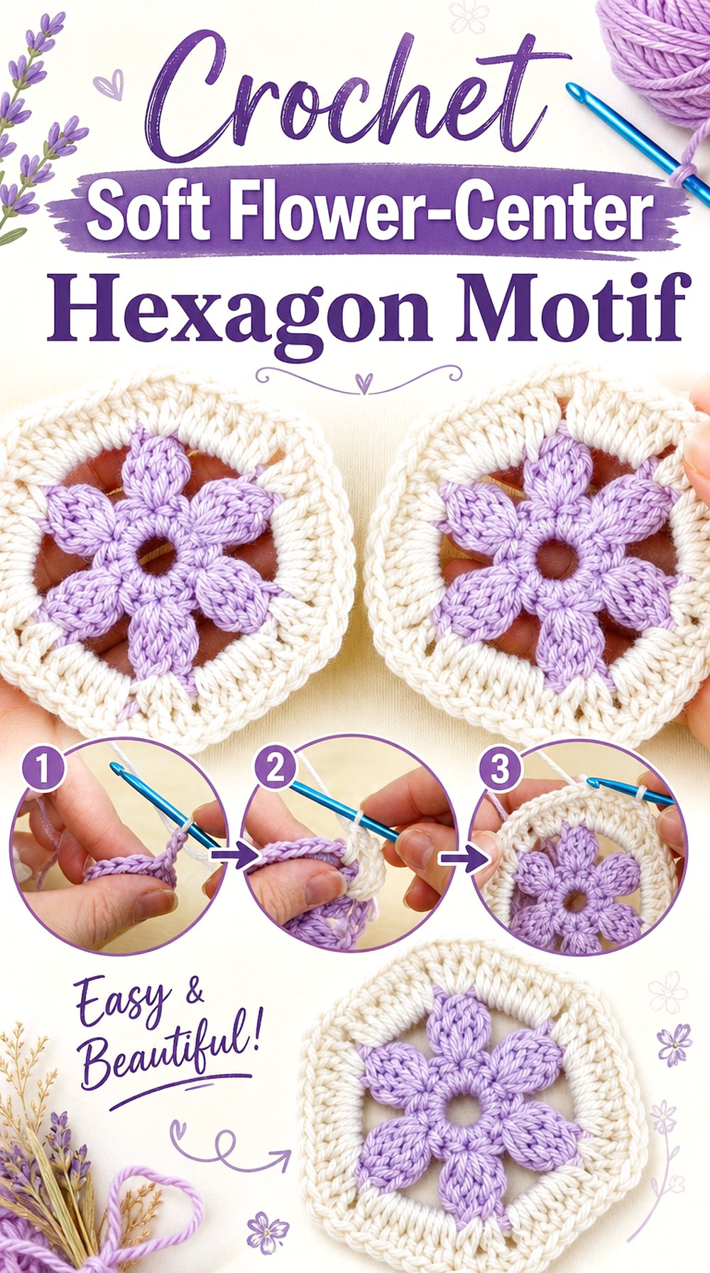 Crochet Soft Flower Center Hexagon Motif