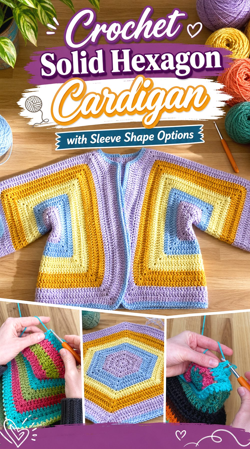 Crochet Solid Hexagon Cardigan with Sleeve Shape Options
