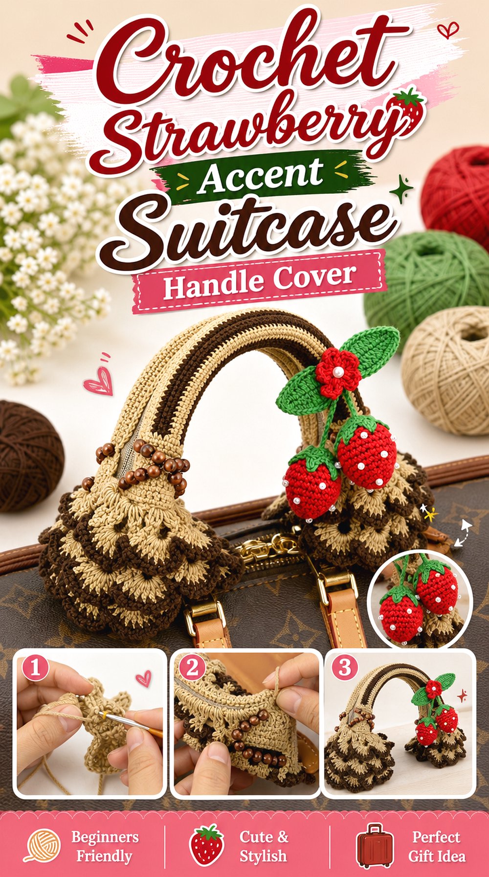 Crochet Strawberry Accent Suitcase Handle Cover
