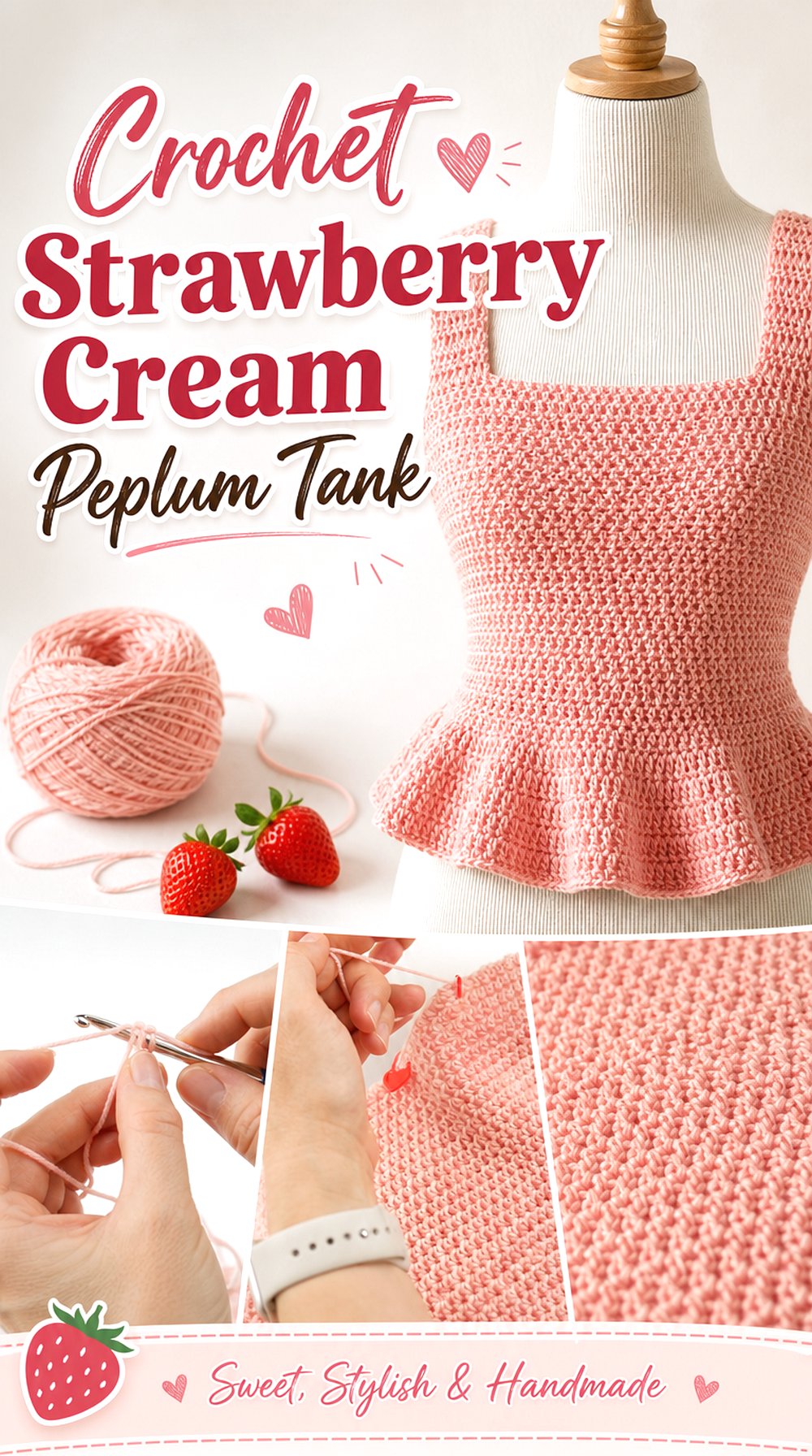 Crochet Strawberry Cream Peplum Tank