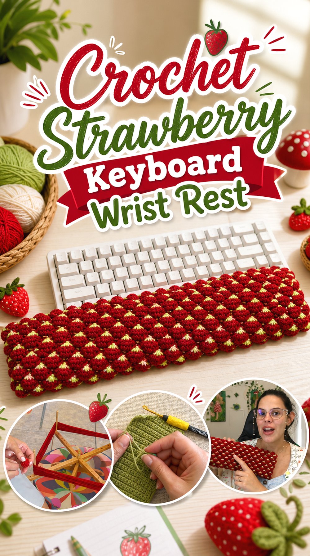 Crochet Strawberry Keyboard Wrist Rest