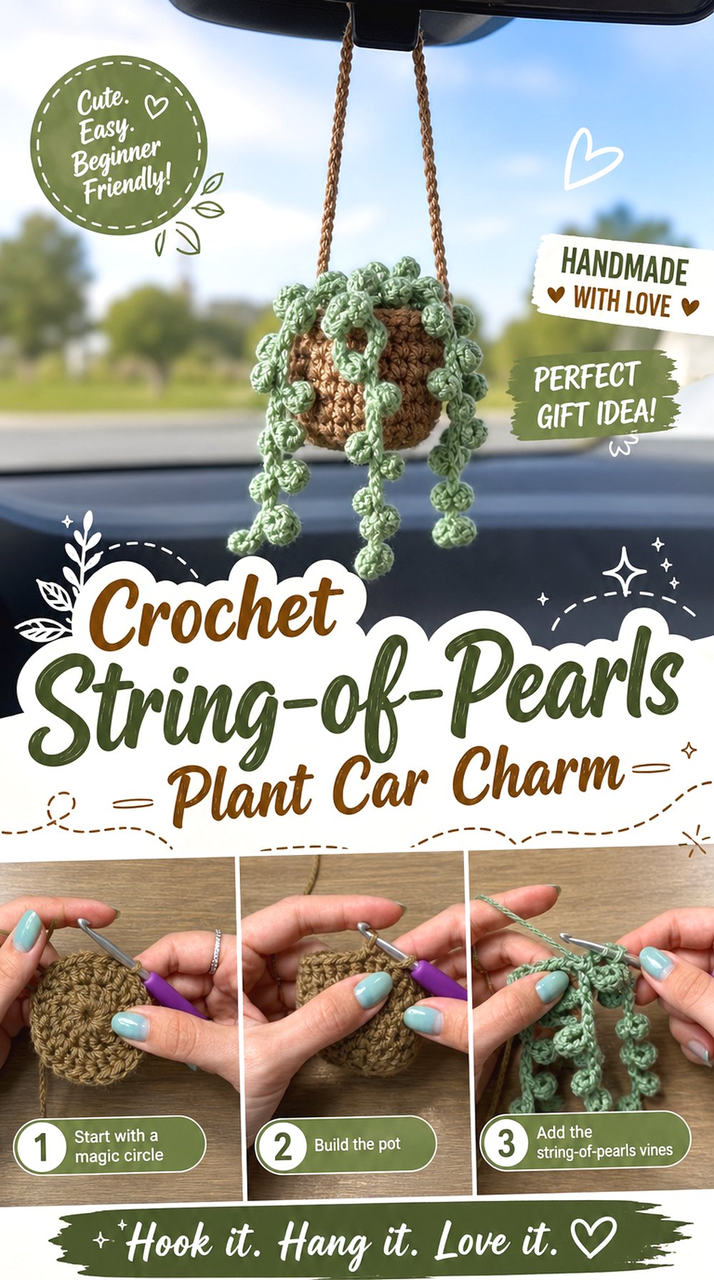 Crochet String of Pearls Plant Car Charm