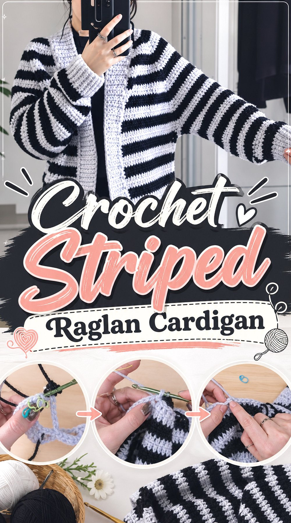 Crochet Striped Raglan Cardigan