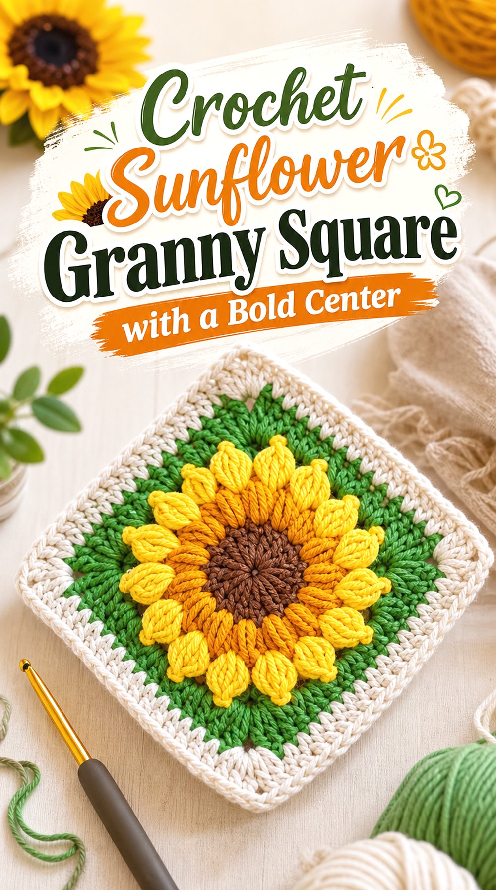 Crochet Sunflower Granny Square with a Bold Center