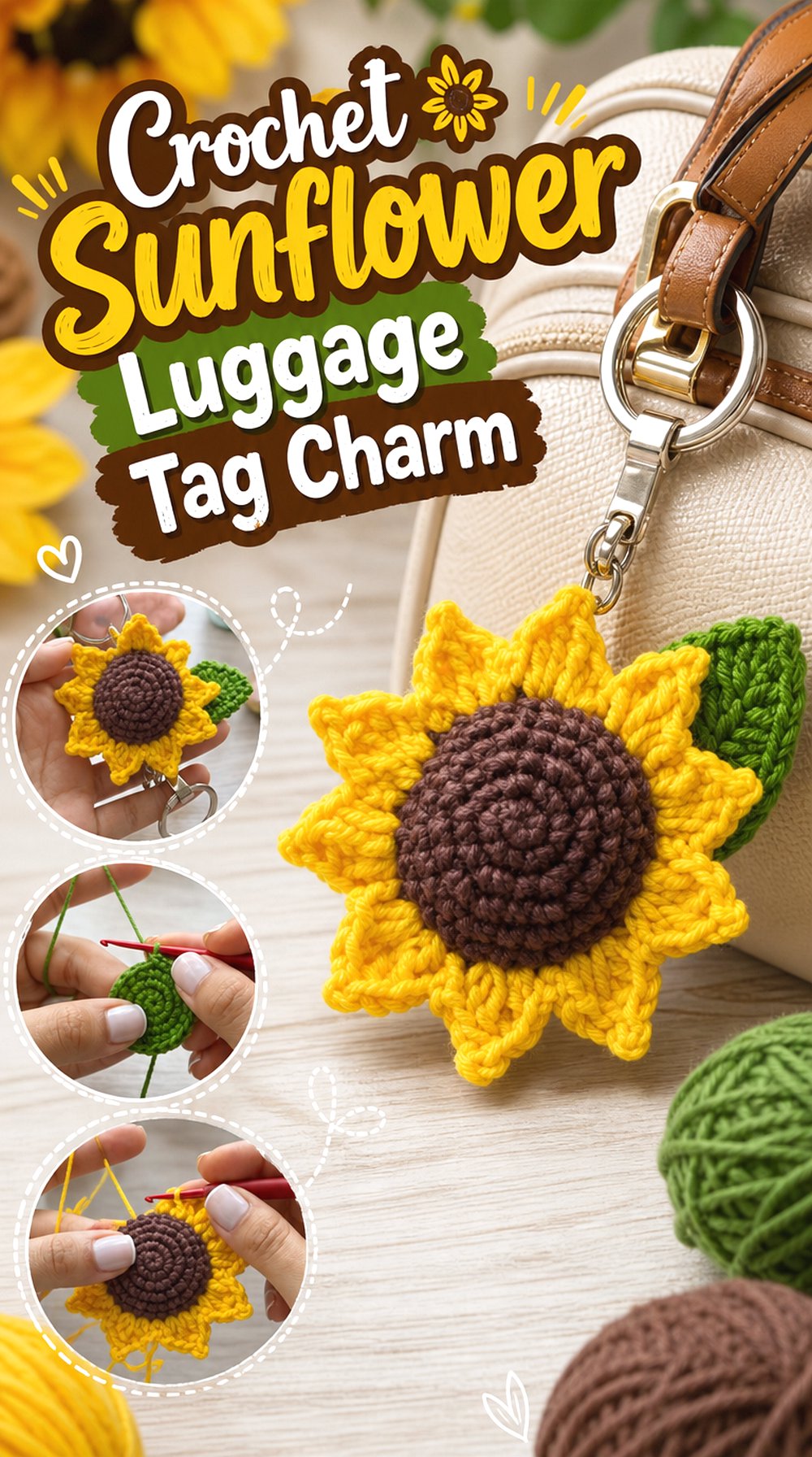 Crochet Sunflower Luggage Tag Charm
