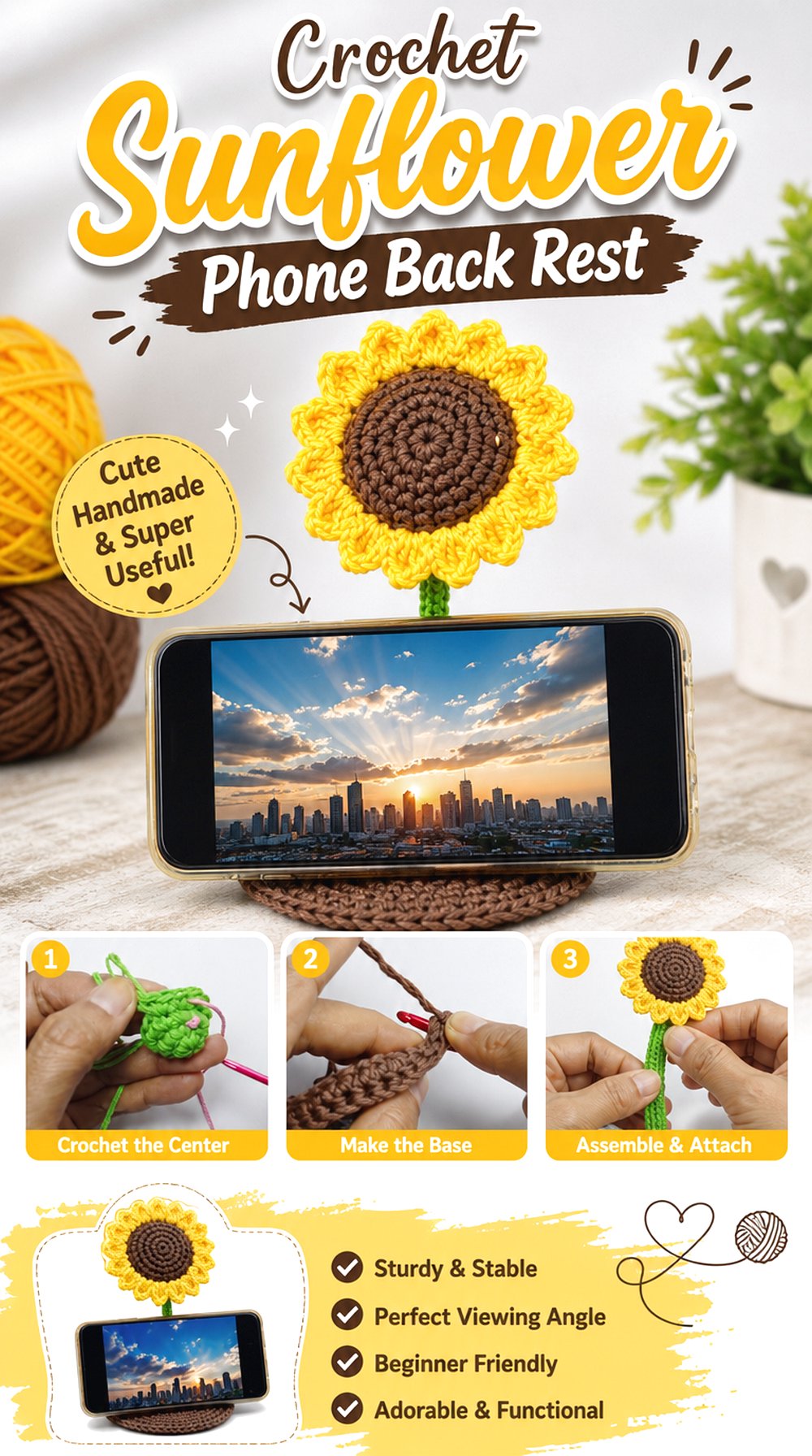 Crochet Sunflower Phone Back Rest