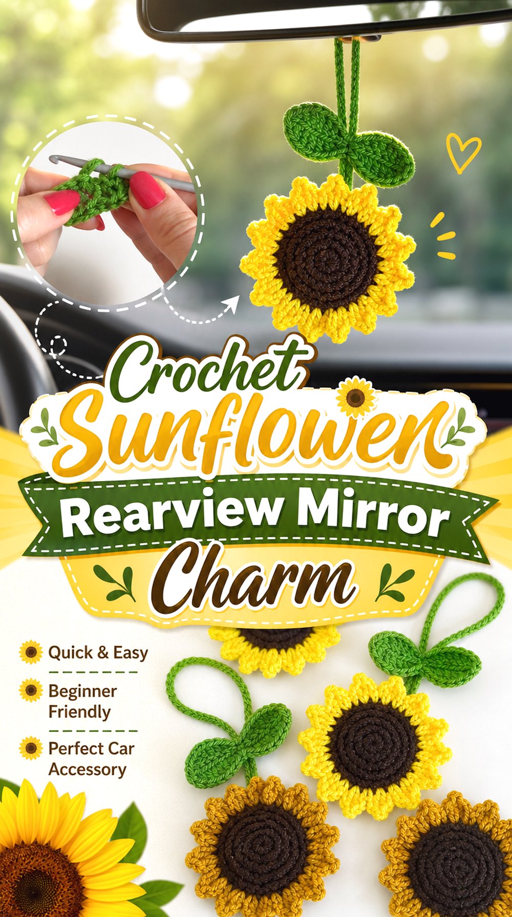 Crochet Sunflower Rearview Mirror Charm