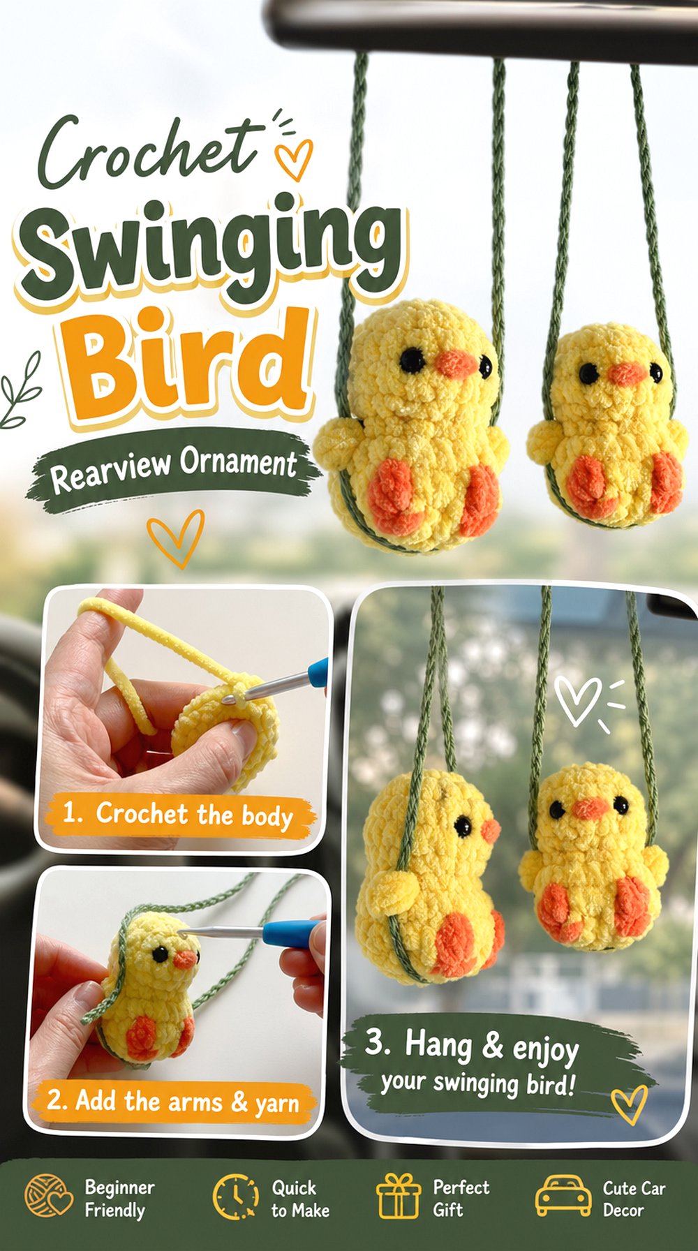 Crochet Swinging Bird Rearview Ornament