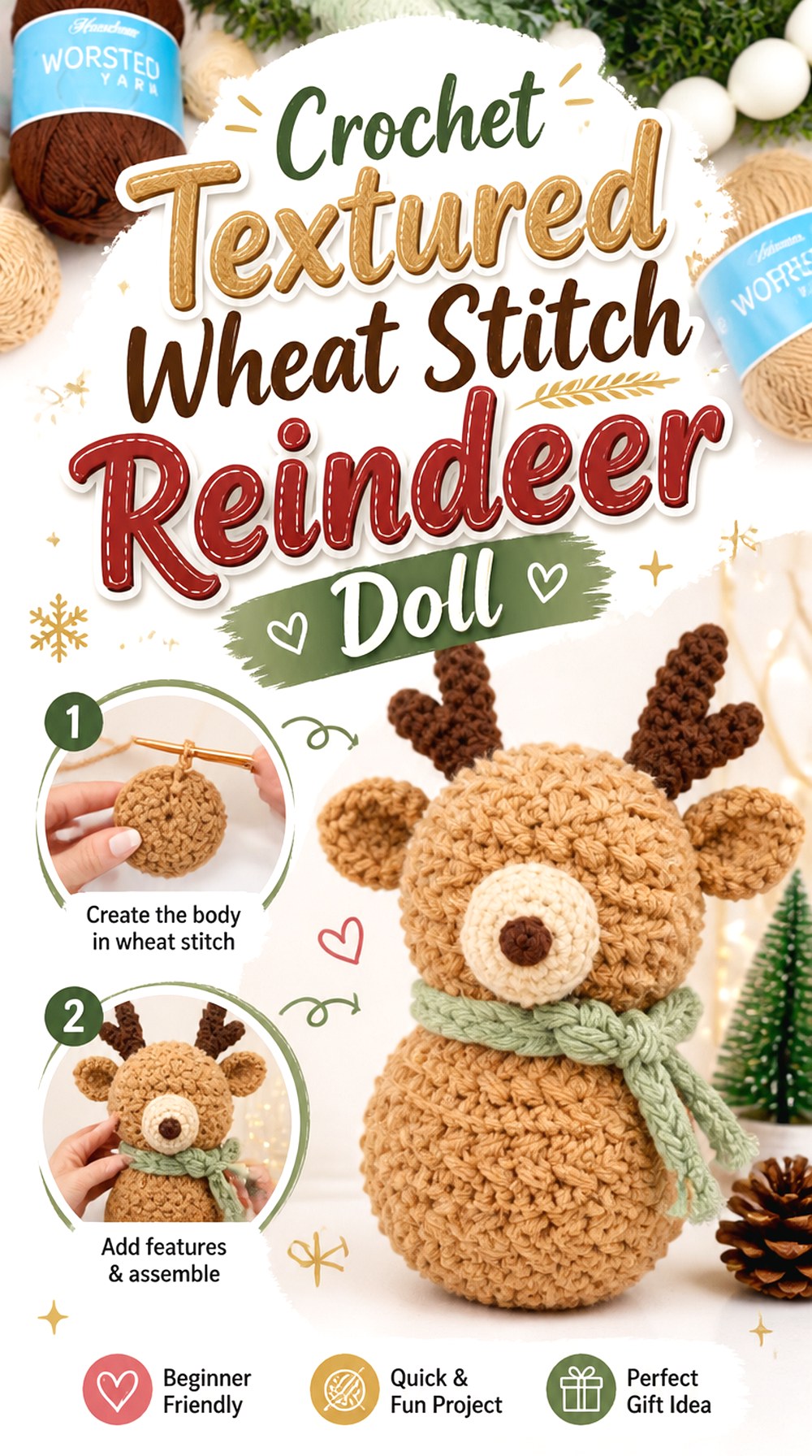 Crochet Textured Wheat Stitch Reindeer Doll