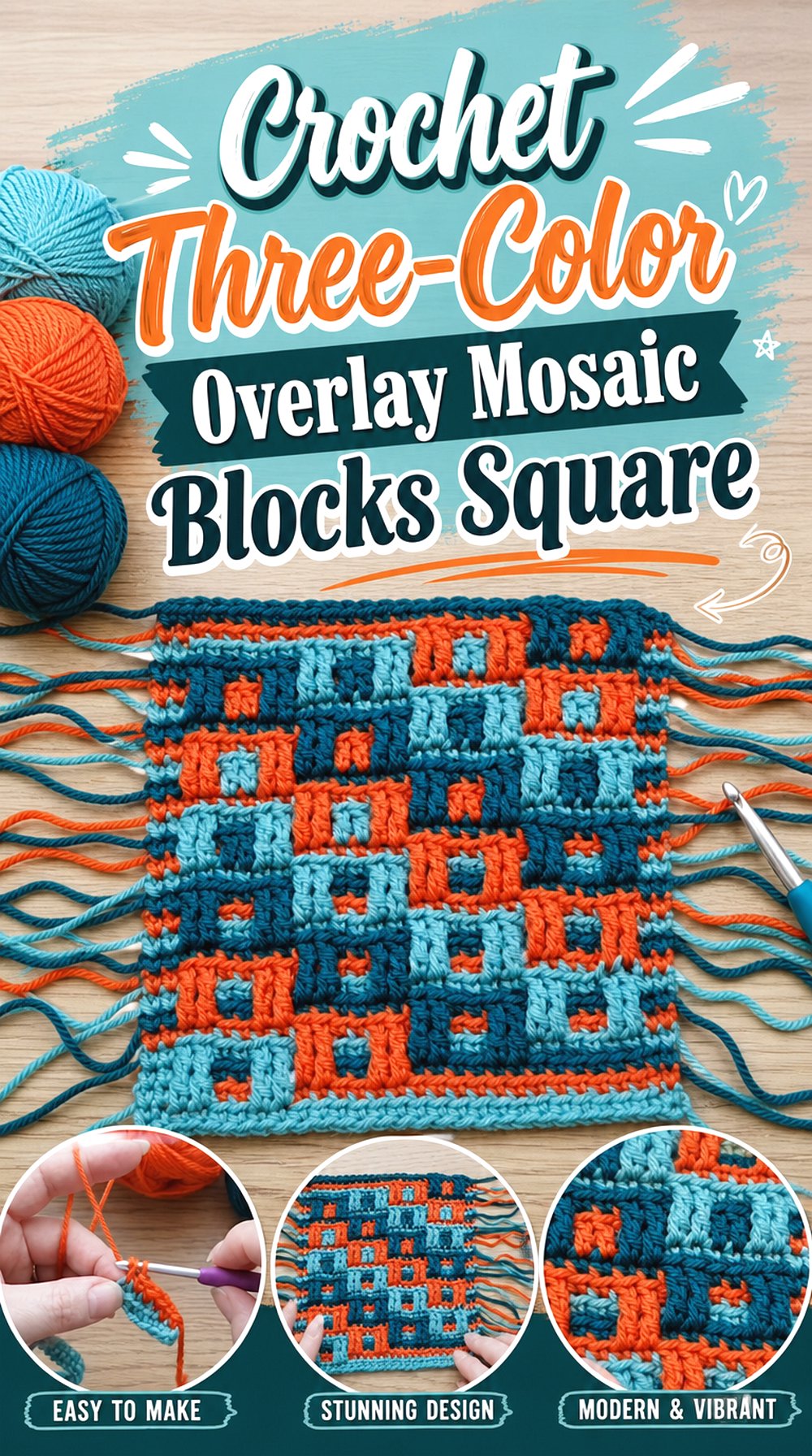 Crochet Three Color Overlay Mosaic Blocks Square
