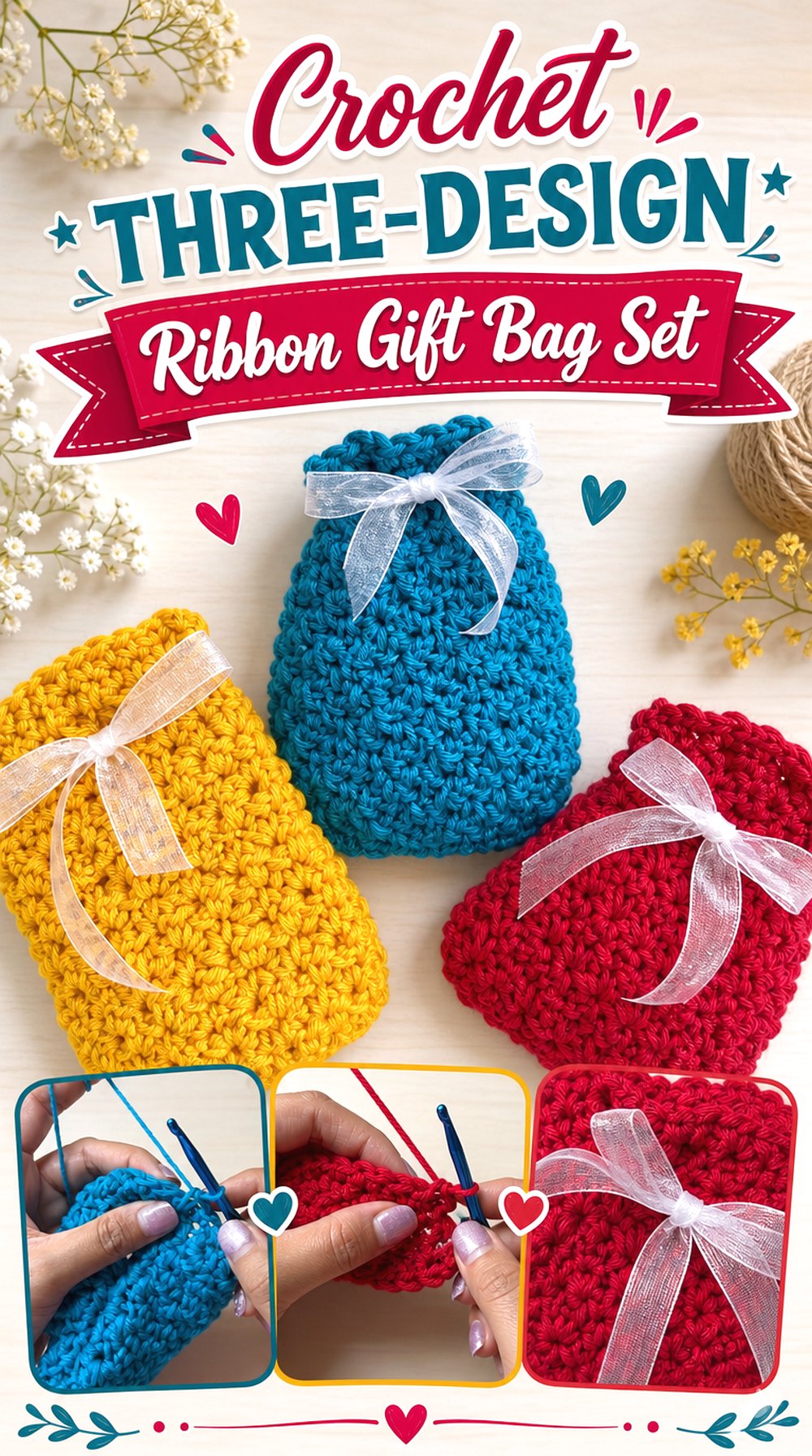 Crochet Three Design Ribbon Gift Bag Set
