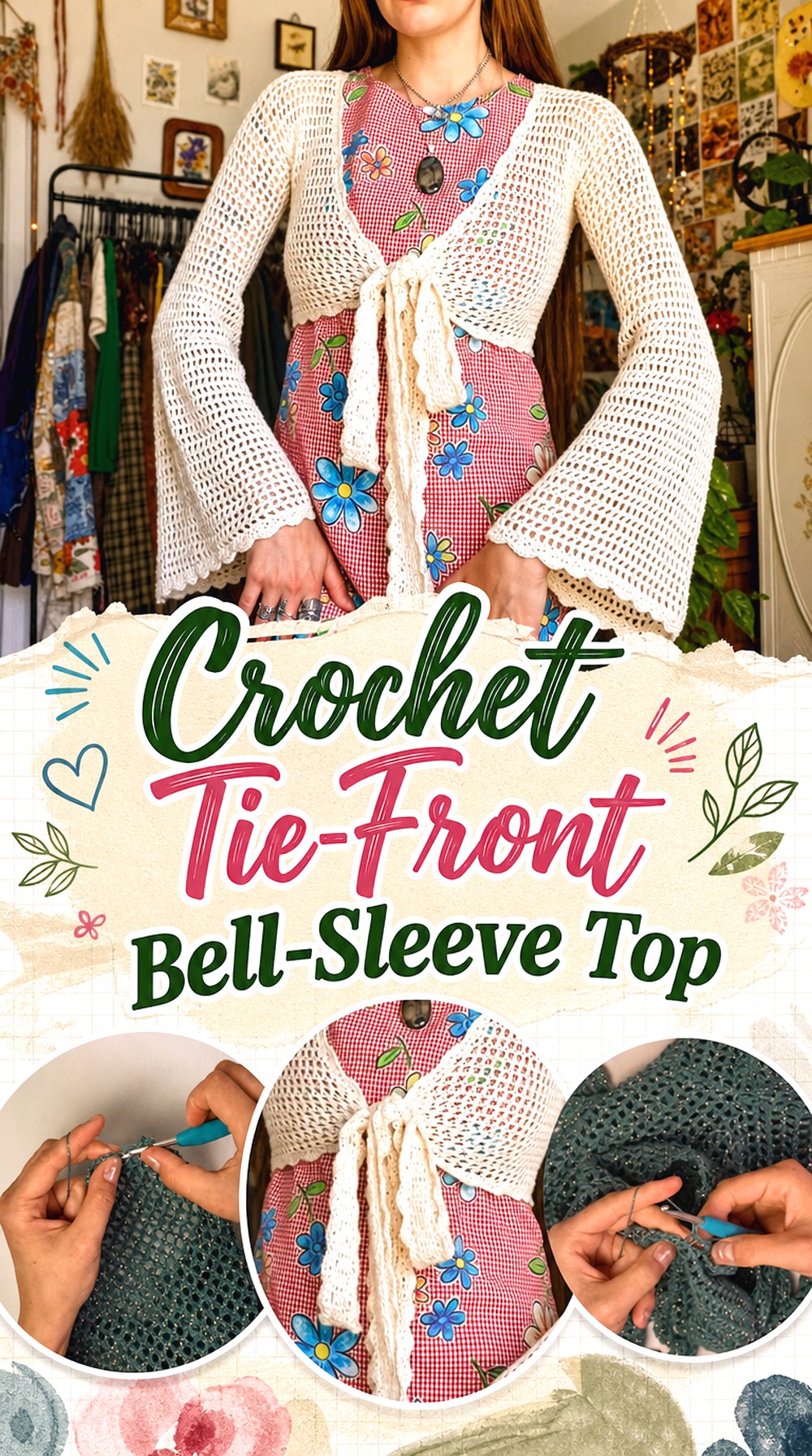 Crochet Tie Front Bell Sleeve Top