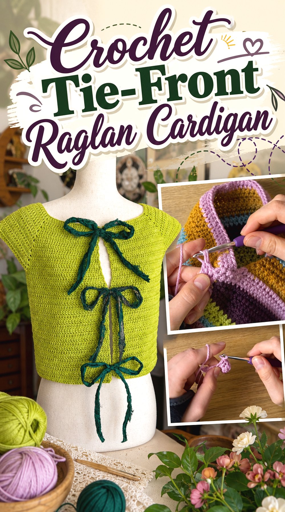 Crochet Tie Front Raglan Cardigan
