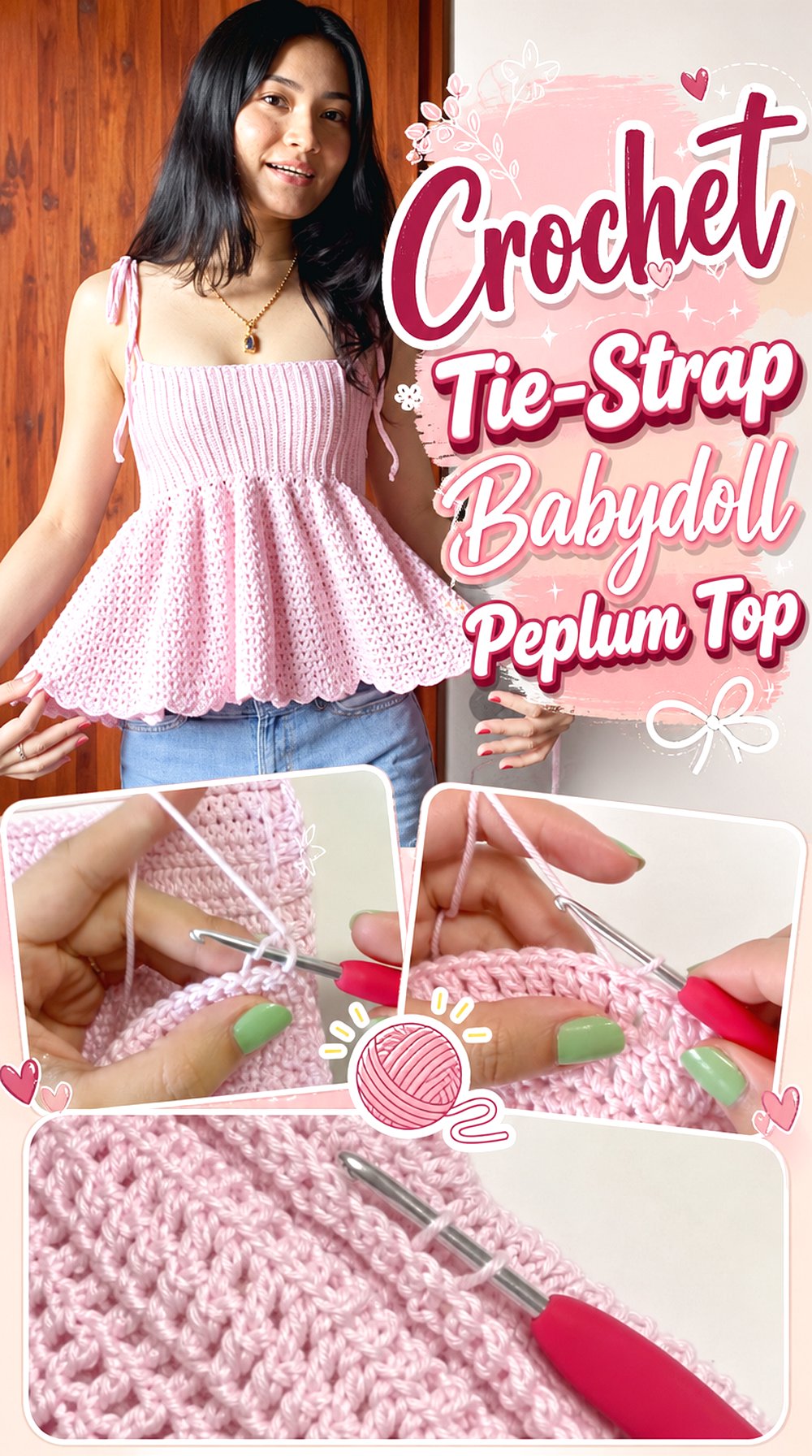 Crochet Tie Strap Babydoll Peplum Top