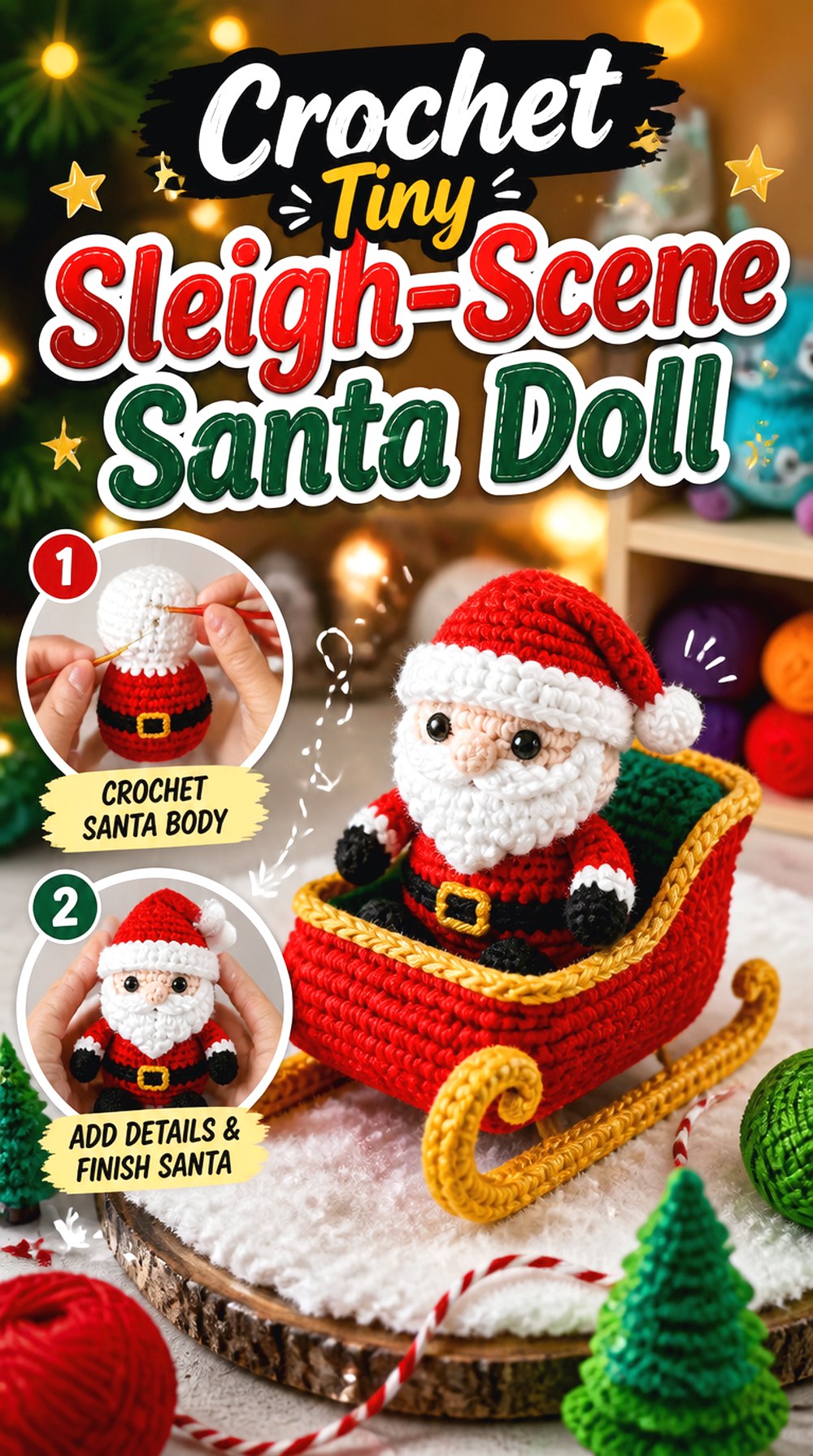 Crochet Tiny Sleigh Scene Santa Doll