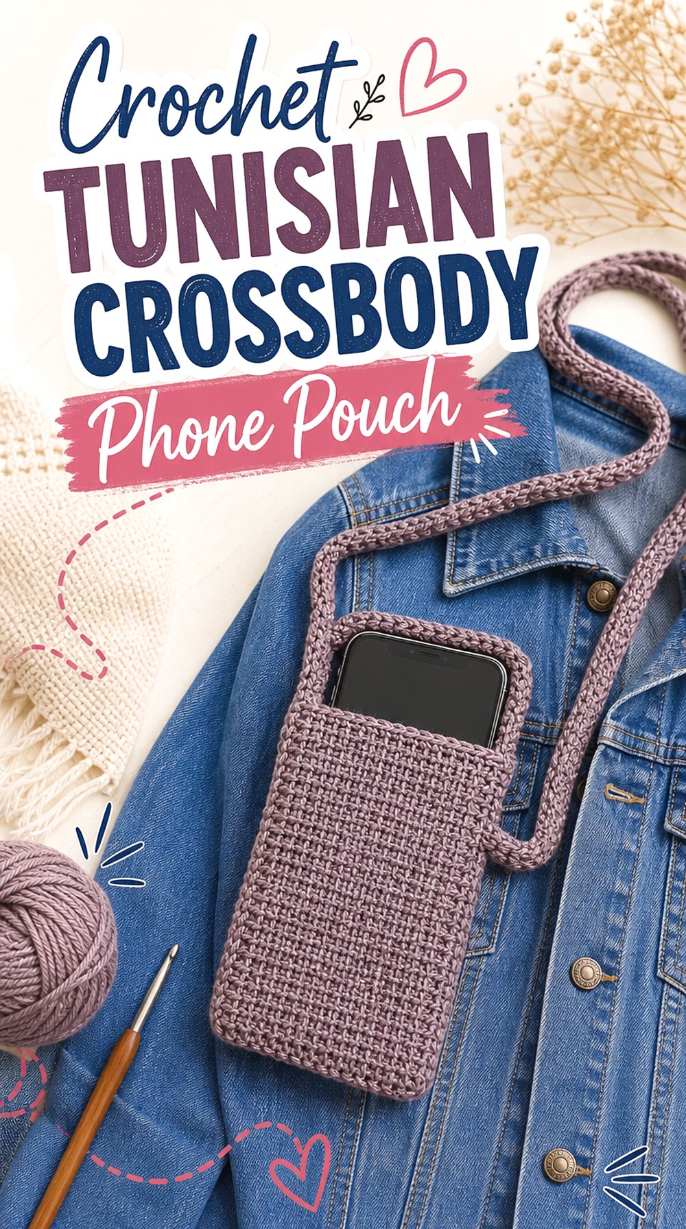 Crochet Tunisian Crossbody Phone Pouch