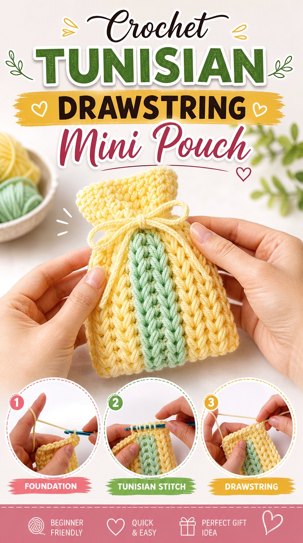 Crochet Tunisian Drawstring Mini Pouch