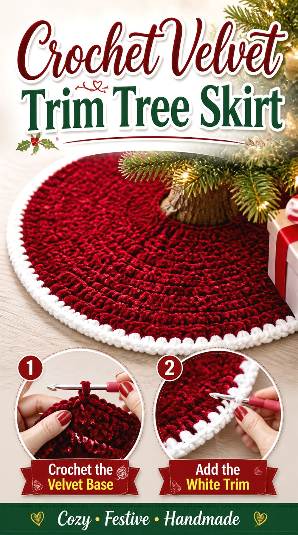 Crochet Velvet Trim Tree Skirt