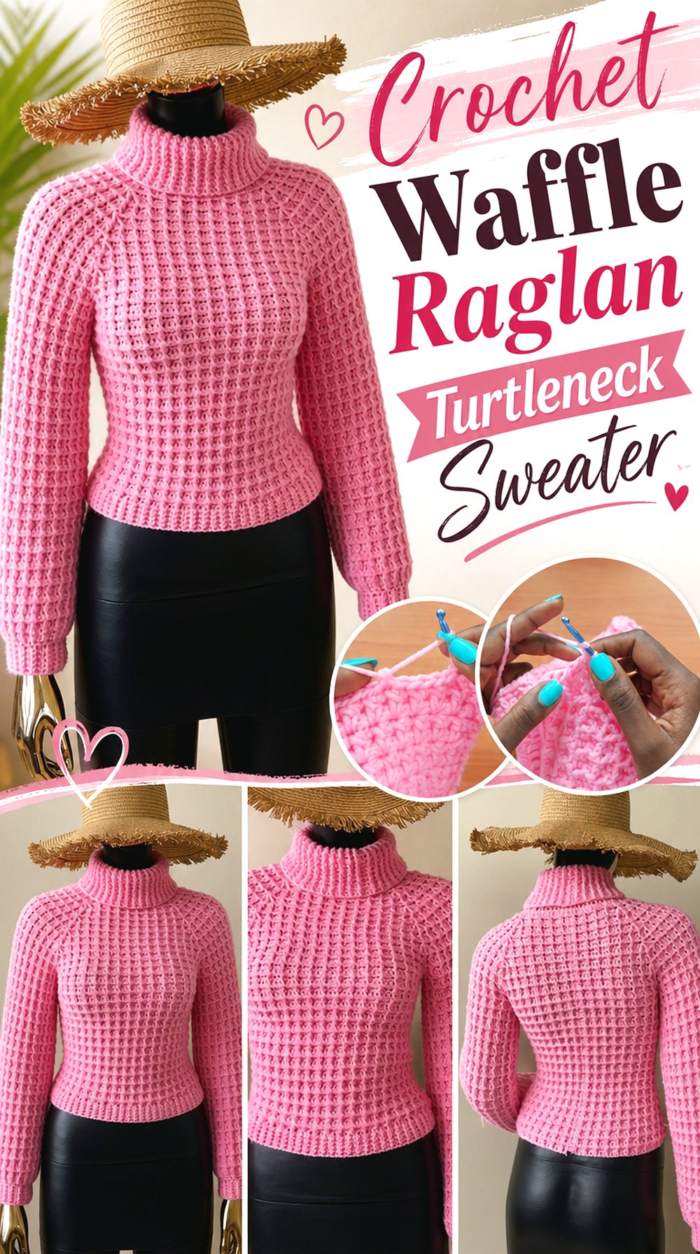 Crochet Waffle Raglan Turtleneck Sweater