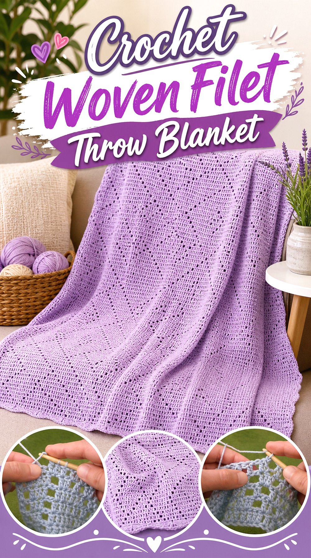 Crochet Woven Filet Throw Blanket