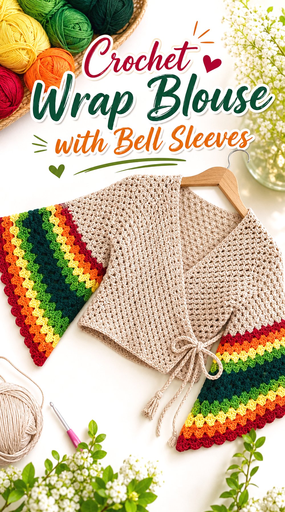 Crochet Wrap Blouse with Bell Sleeves