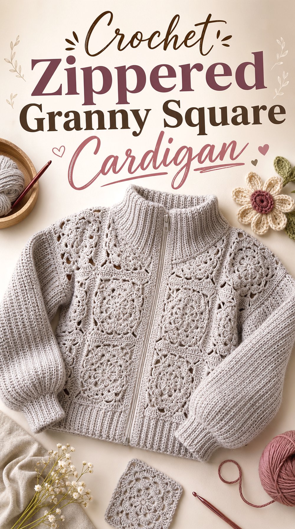 Crochet Zippered Granny Square Cardigan