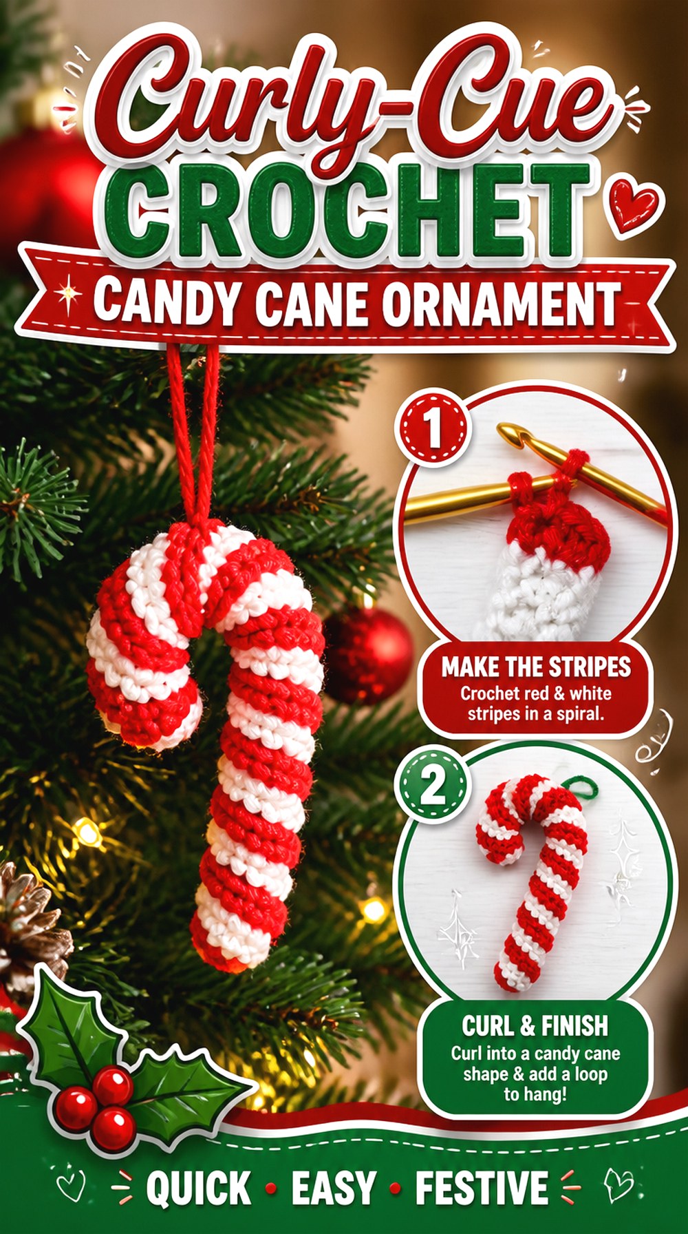 Curly Cue Crochet Candy Cane Ornament