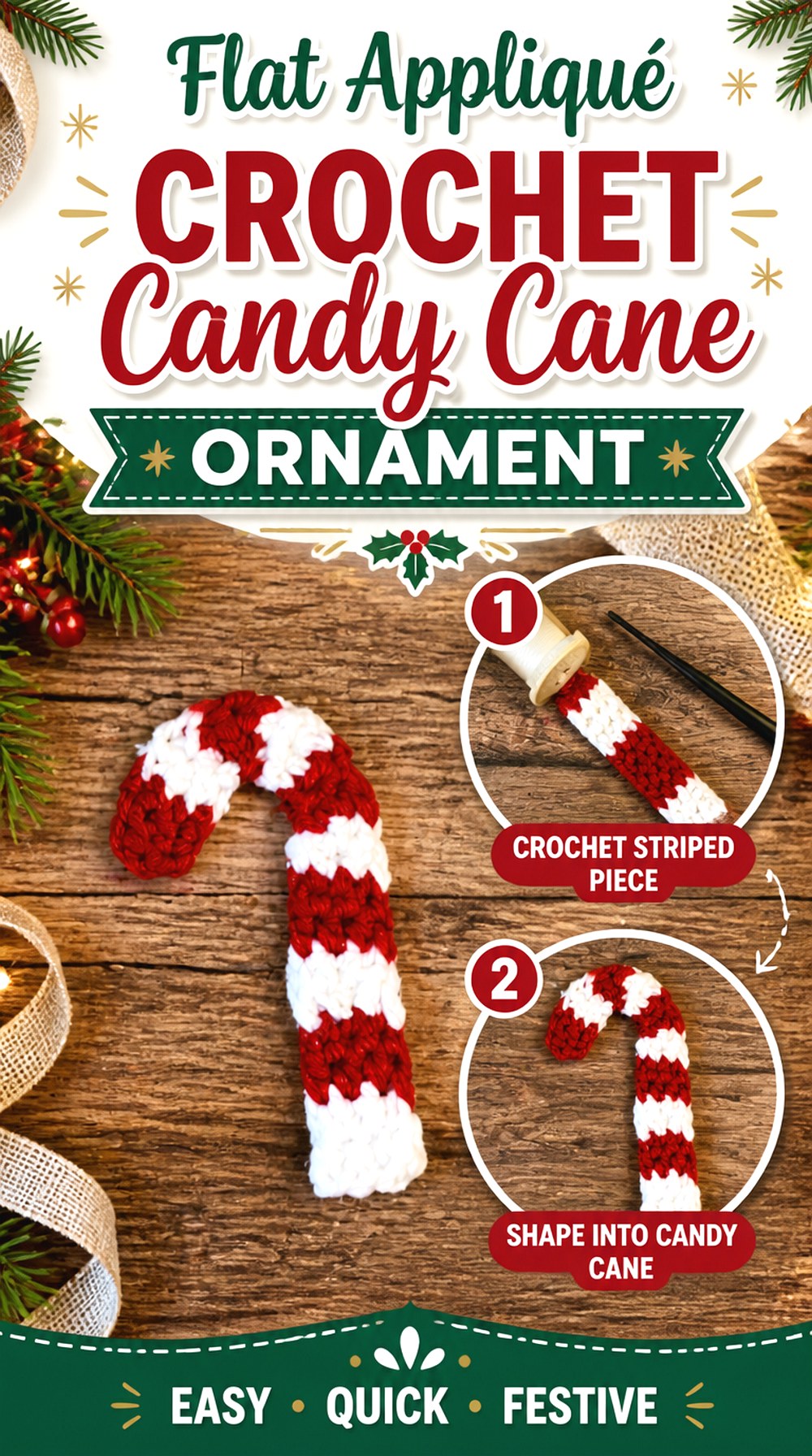 Flat Appliqué Crochet Candy Cane Ornament