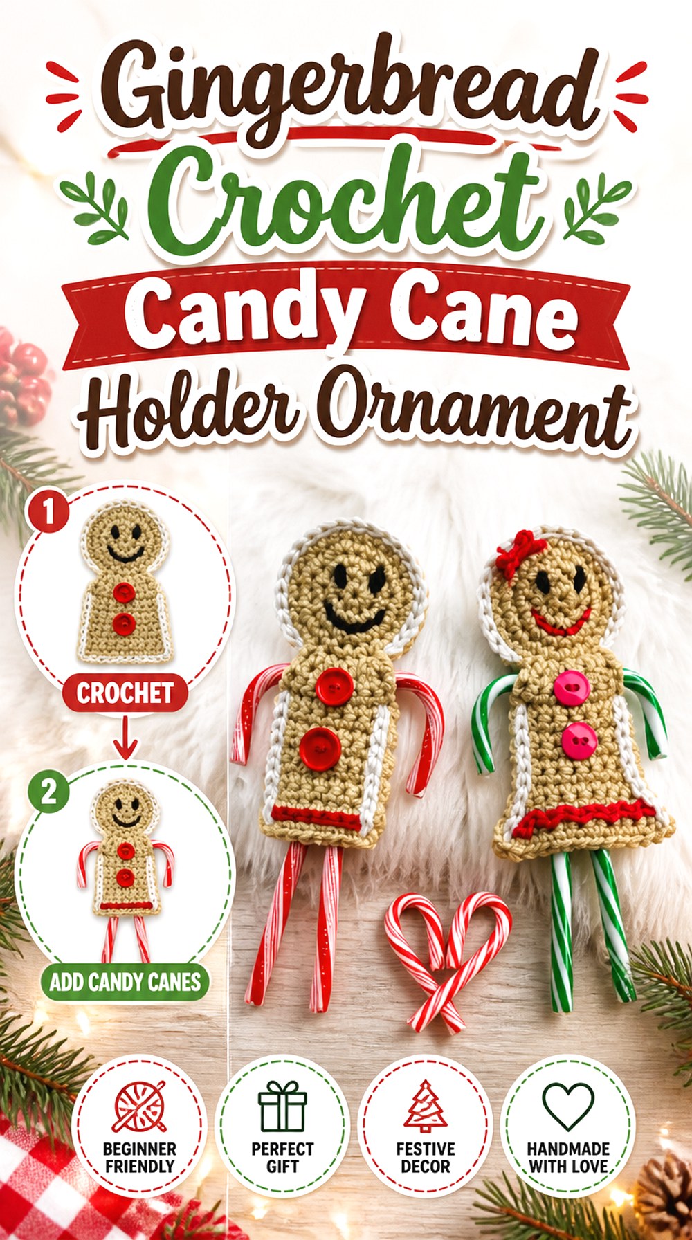 Gingerbread Crochet Candy Cane Holder Ornament