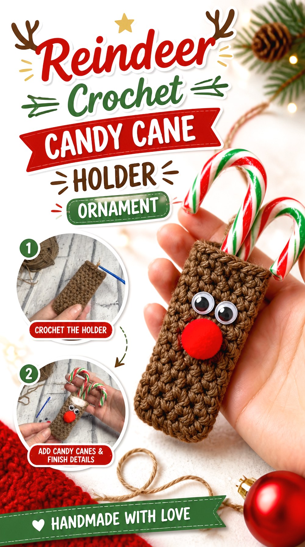 Reindeer Crochet Candy Cane Holder Ornament