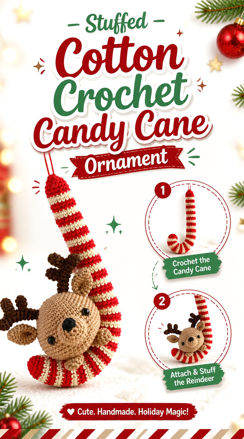 Stuffed Cotton Crochet Candy Cane Ornament