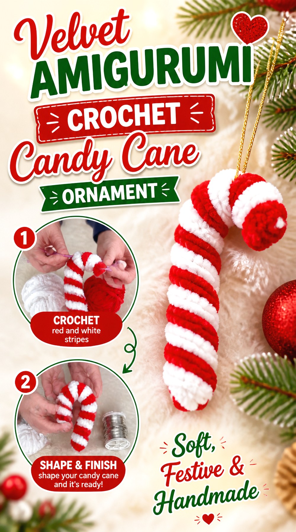 Velvet Amigurumi Crochet Candy Cane Ornament