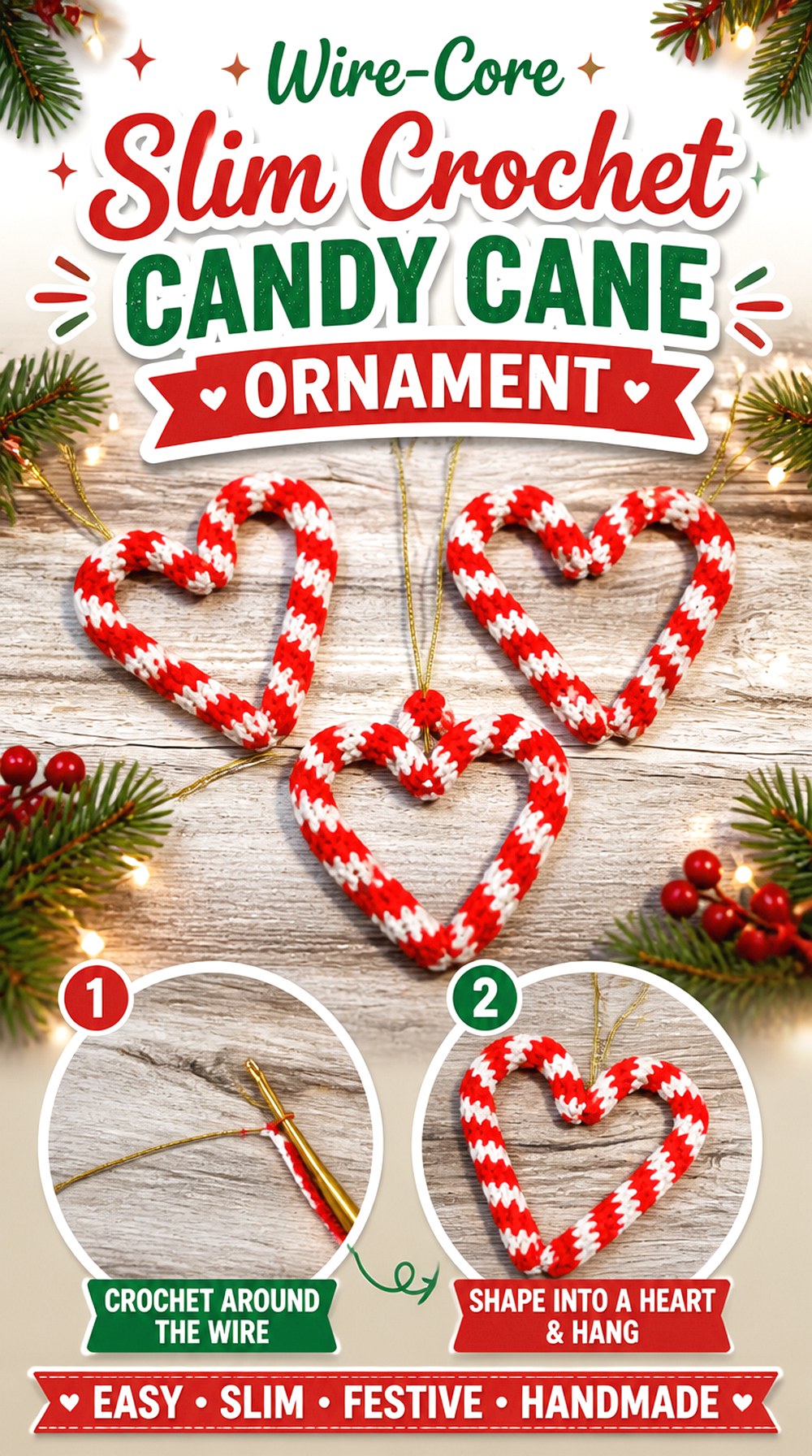 Wire Core Slim Crochet Candy Cane Ornament