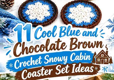 11 Cool Blue and Chocolate Brown Crochet Snowy Cabin Coaster Set Ideas