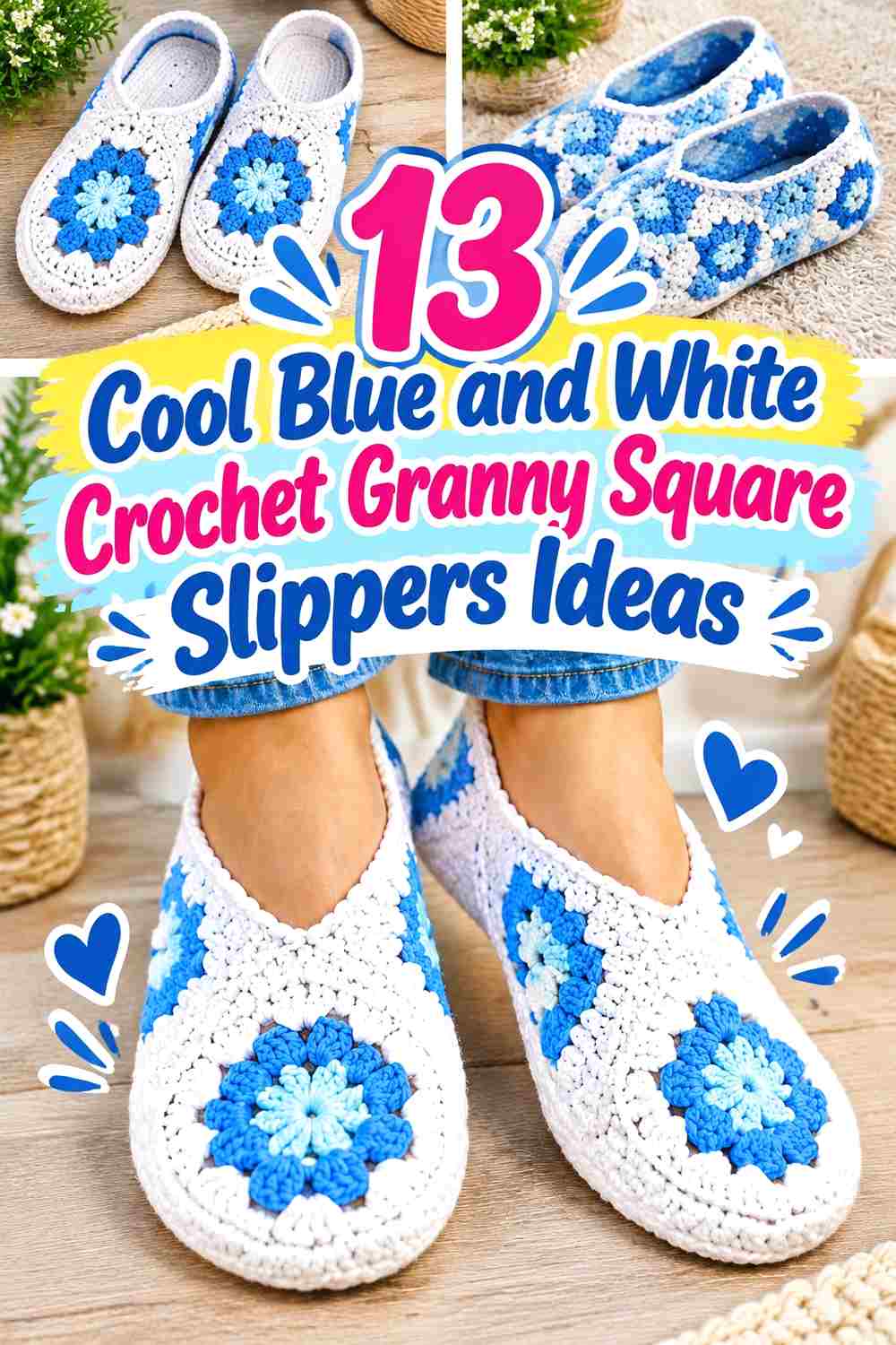 13 Cool Blue and White Crochet Granny Square Slippers Ideas