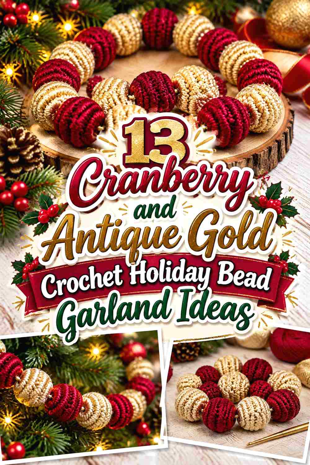 13 Cranberry and Antique Gold Crochet Holiday Bead Garland Ideas