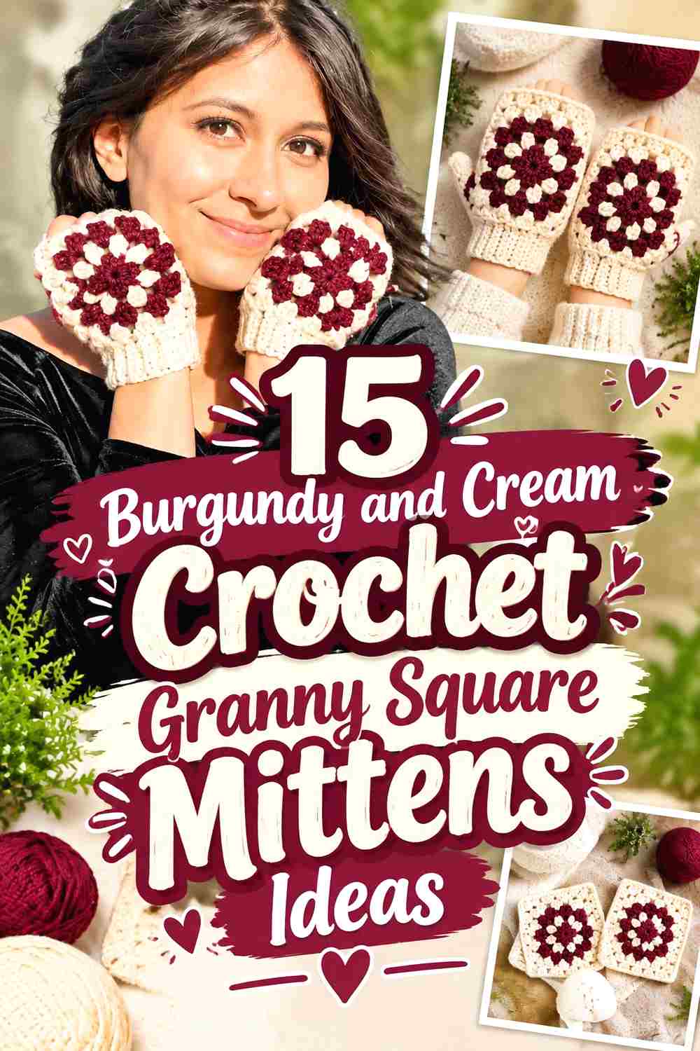 15 Burgundy and Cream Crochet Granny Square Mittens Ideas