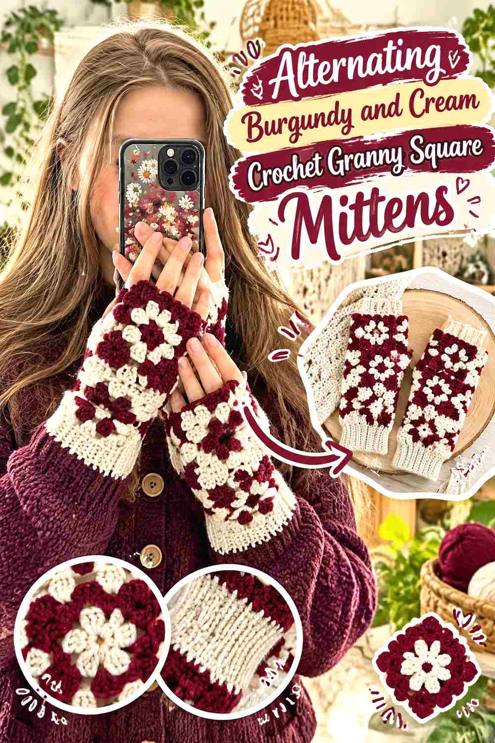 3. Alternating Burgundy And Cream Crochet Granny Square Mittens