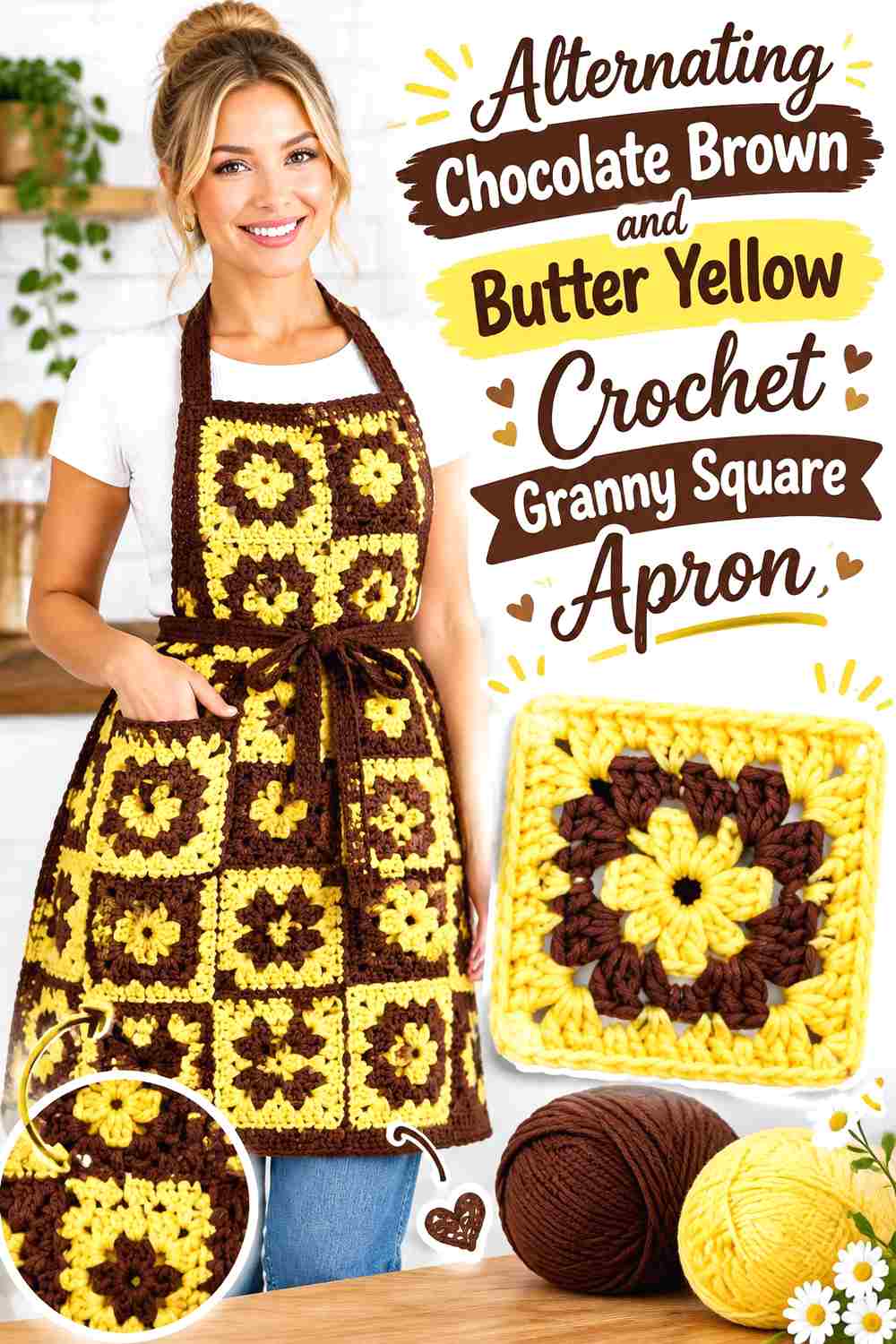 3. Alternating Chocolate Brown And Butter Yellow Crochet Granny Square Apron