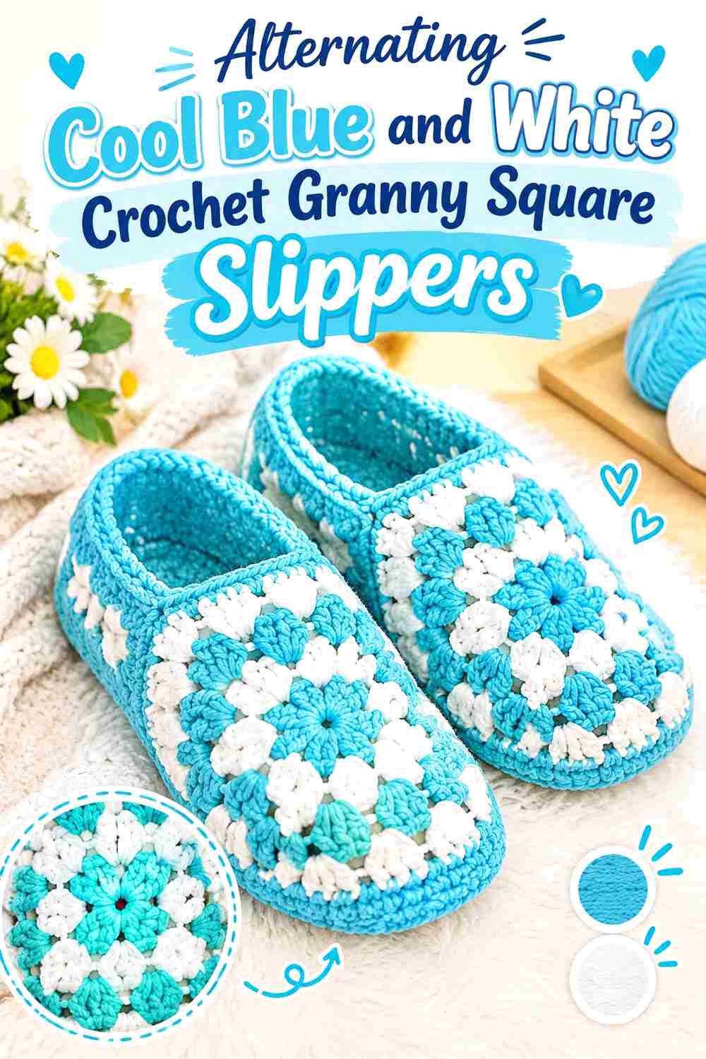 3. Alternating Cool Blue And White Crochet Granny Square Slippers