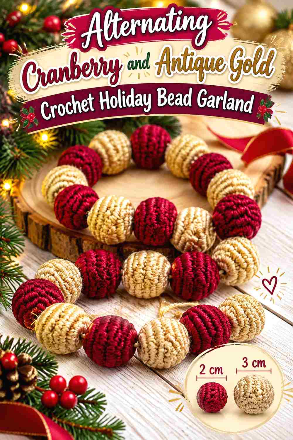 1. Alternating Cranberry And Antique Gold Crochet Holiday Bead Garland