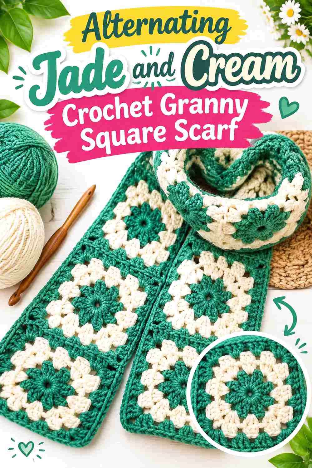 3. Alternating Jade And Cream Crochet Granny Square Scarf