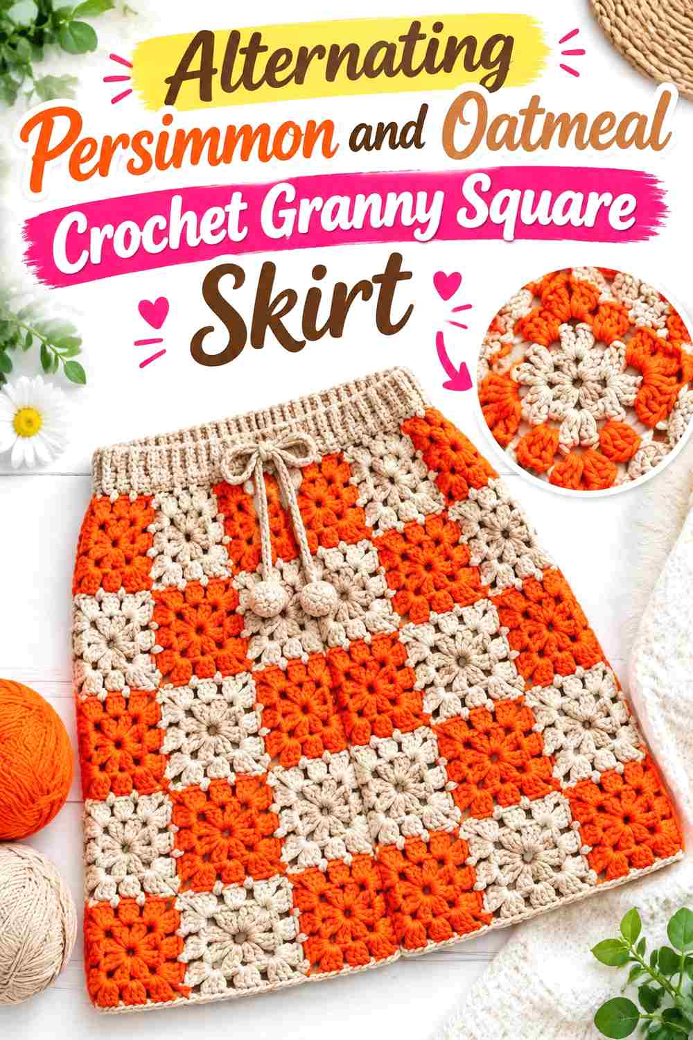 3. Alternating Persimmon And Oatmeal Crochet Granny Square Skirt