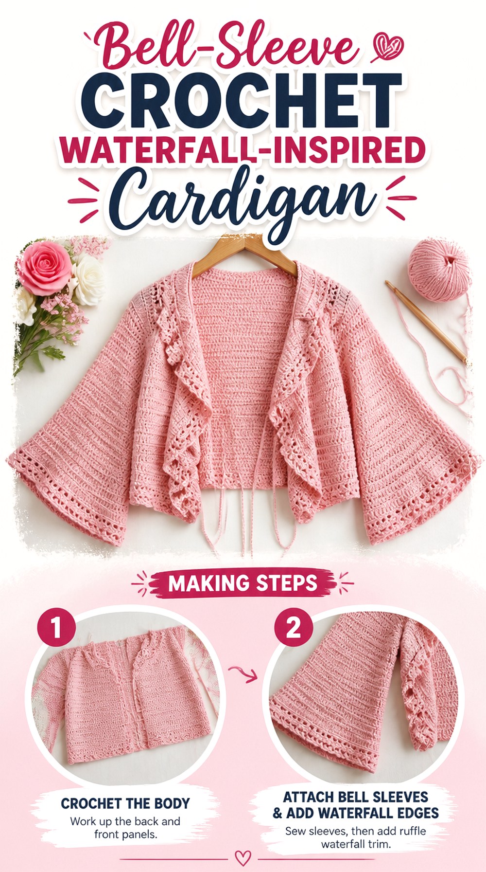 Bell Sleeve Crochet Waterfall Inspired Cardigan