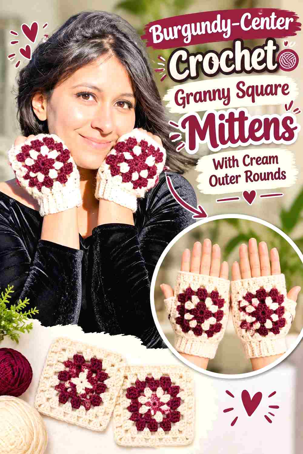 1. Burgundy Center Crochet Granny Square Mittens With Cream Outer Rounds