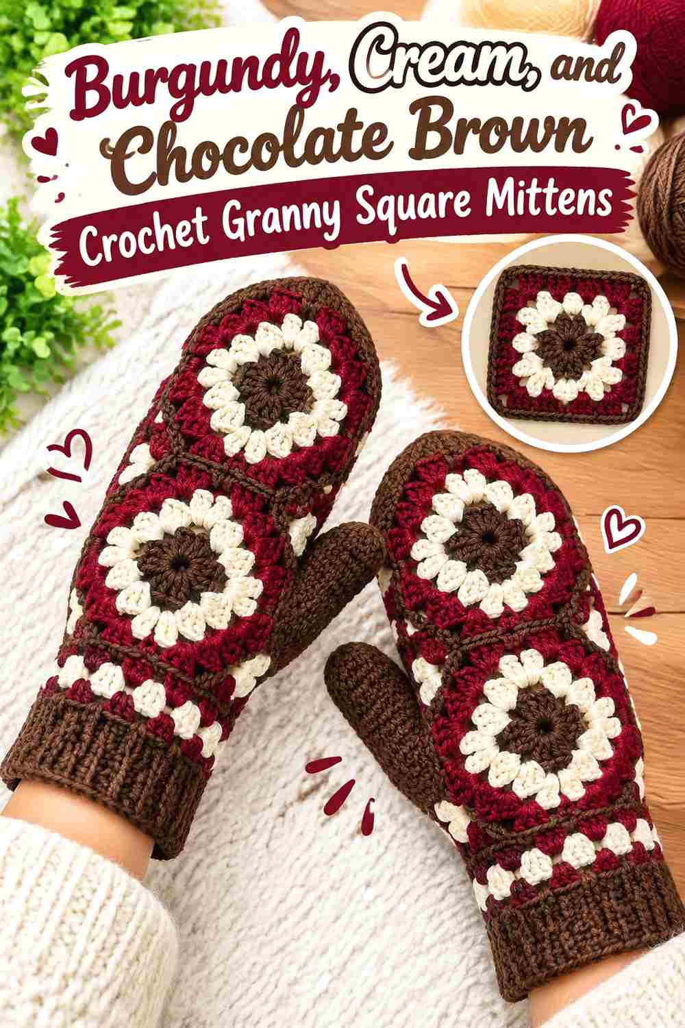 15. Burgundy Cream And Chocolate Brown Crochet Granny Square Mittens