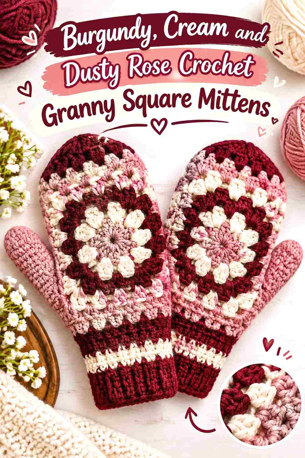 14. Burgundy Cream And Dusty Rose Crochet Granny Square Mittens