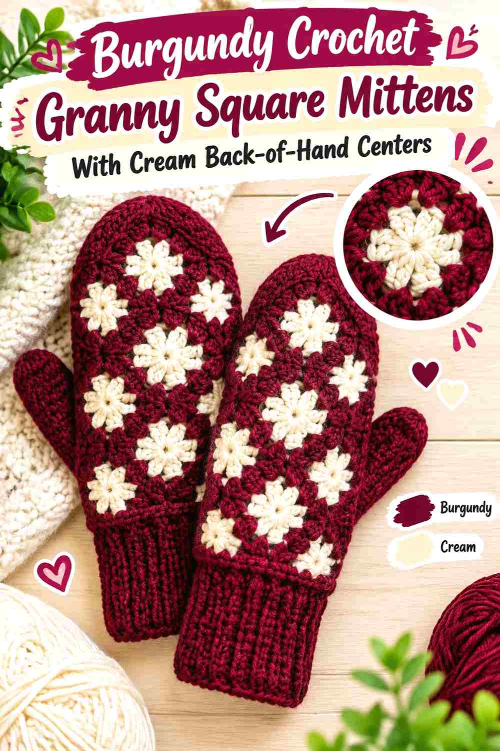 9. Burgundy Crochet Granny Square Mittens With Cream Back Of Hand Centers