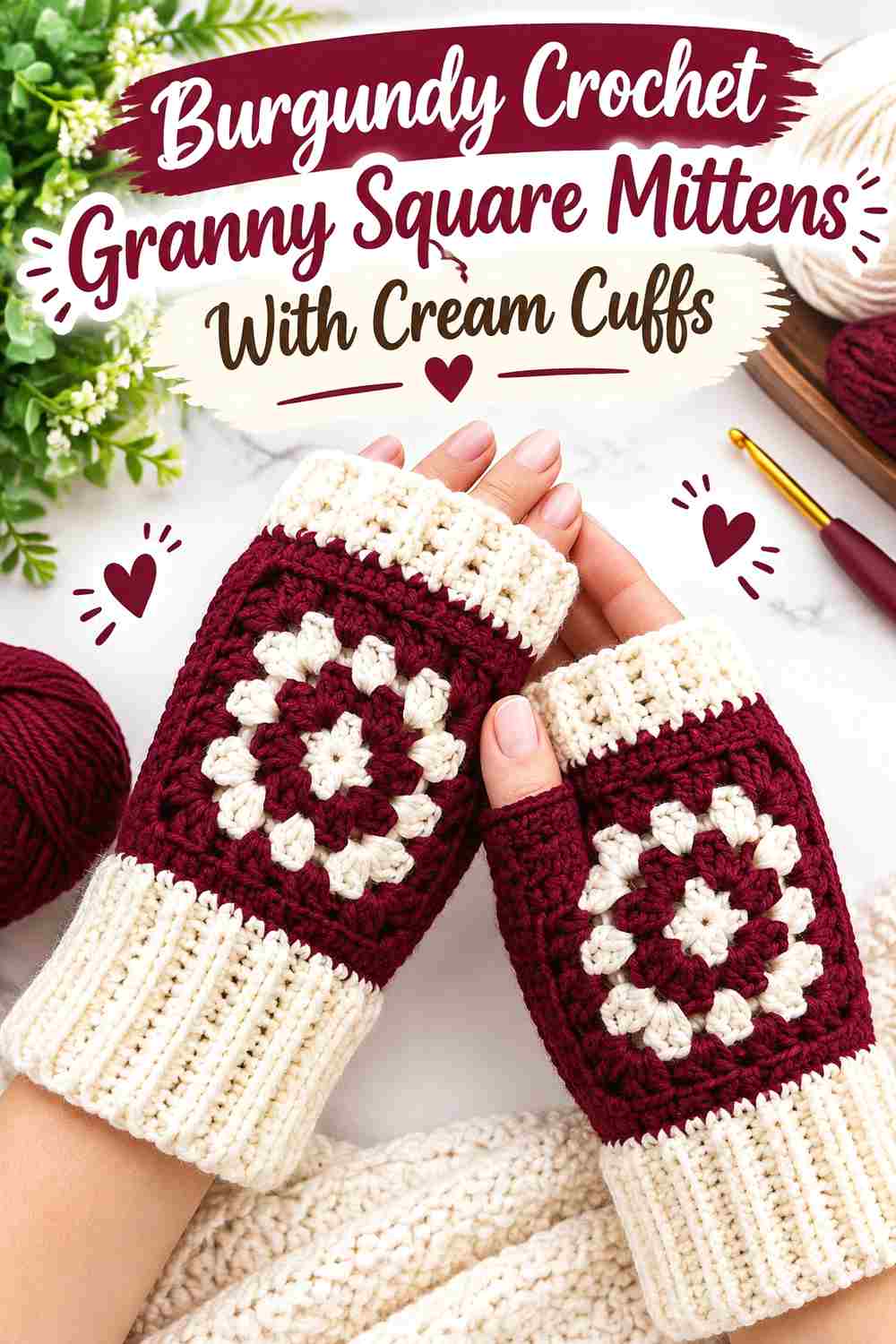 6. Burgundy Crochet Granny Square Mittens With Cream Cuffs